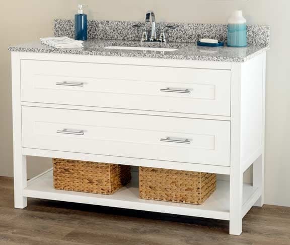 White contemporary bathroom vanity with woven storage baskets