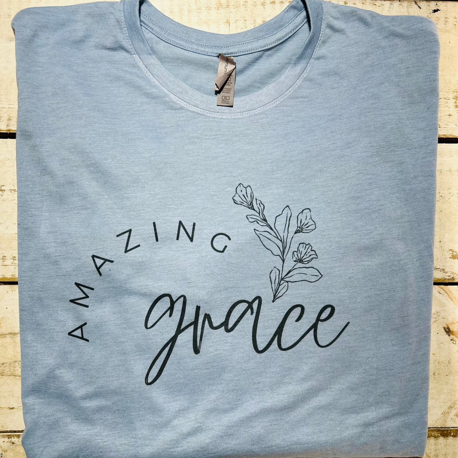 "Amazing Grace T-Shirt in Stonewash Blue from Red Oak Faith Collection."