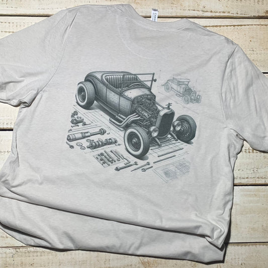 "Vintage-inspired Red Oak 1932 Ford Model T T-shirt on Bella+Canvas Silver, celebrating the father-son bond forged in the backyard, crafting memories and hot rods. Iconic design, subtle red oak accents. Perfect for car enthusiasts and nostalgia lovers. 🚗🛠️ #BackyardRides #FatherSonMemories"  Back